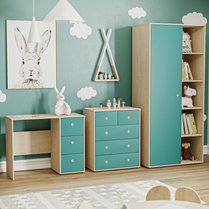 Neptune 3-Piece Bedroom Set - Green & Oak (Desk, Drawer Chest, Wardrobe)