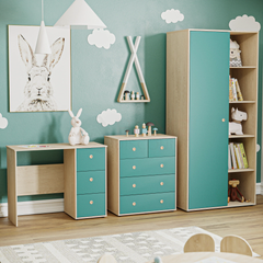 Neptune 3 Piece Bedroom Set, Blue & Oak (Desk, Drawer Chest, Wardrobe)