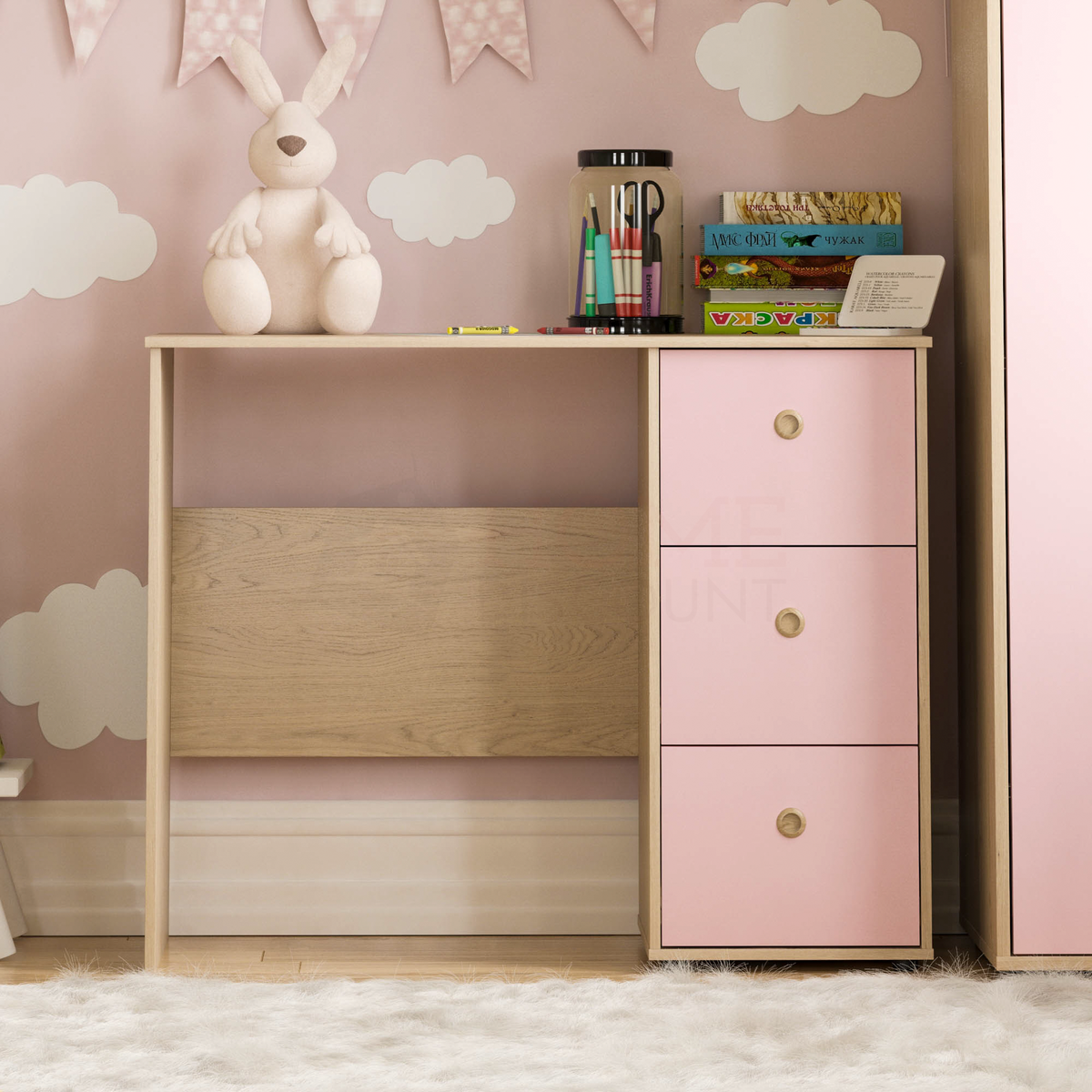 Neptune 3-Drawer Desk - Pink & Oak