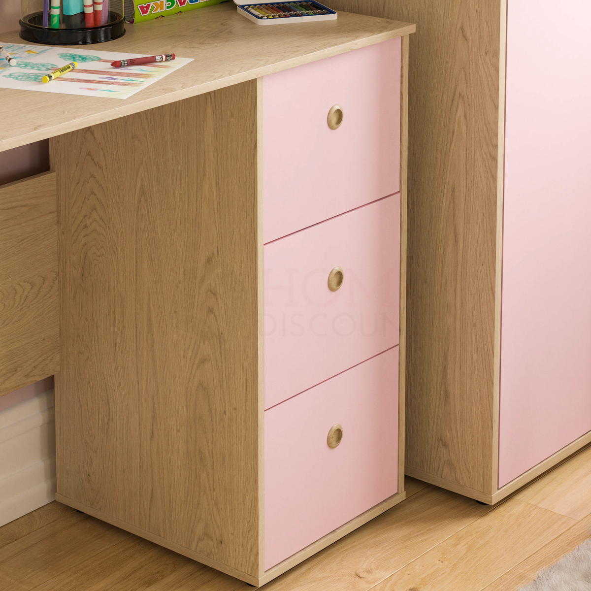 Neptune 3-Drawer Desk - Pink & Oak