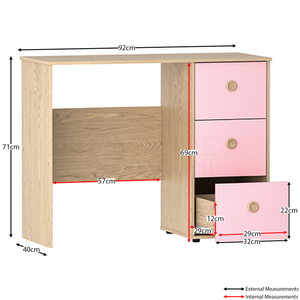 Neptune 3-Piece Bedroom Set - Pink & Oak (Desk, Drawer Chest, Wardrobe)