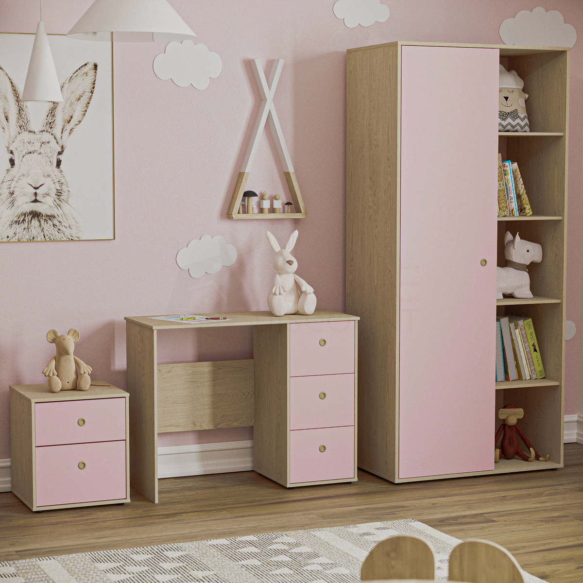 Neptune 3-Piece Bedroom Set - Pink & Oak (Desk, Bedside Table, Wardrobe)
