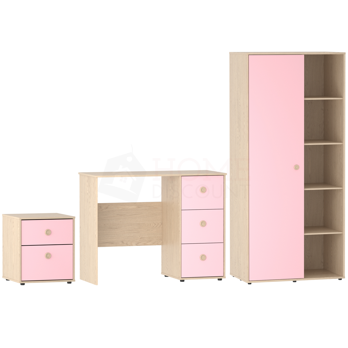 Neptune 3-Piece Bedroom Set - Pink & Oak (Desk, Bedside Table, Wardrobe)