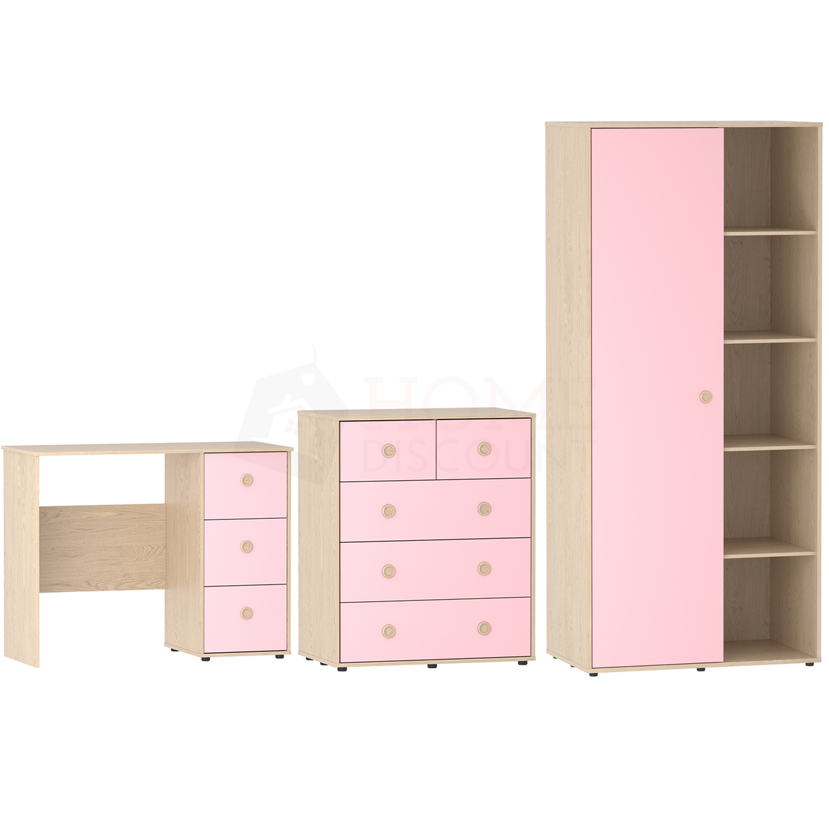 Neptune 3-Piece Bedroom Set - Pink & Oak (Desk, Drawer Chest, Wardrobe)