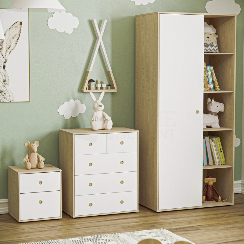 Neptune 3 Piece Bedroom Set, White & Oak (Bedside Table, Drawer Chest, Wardrobe)