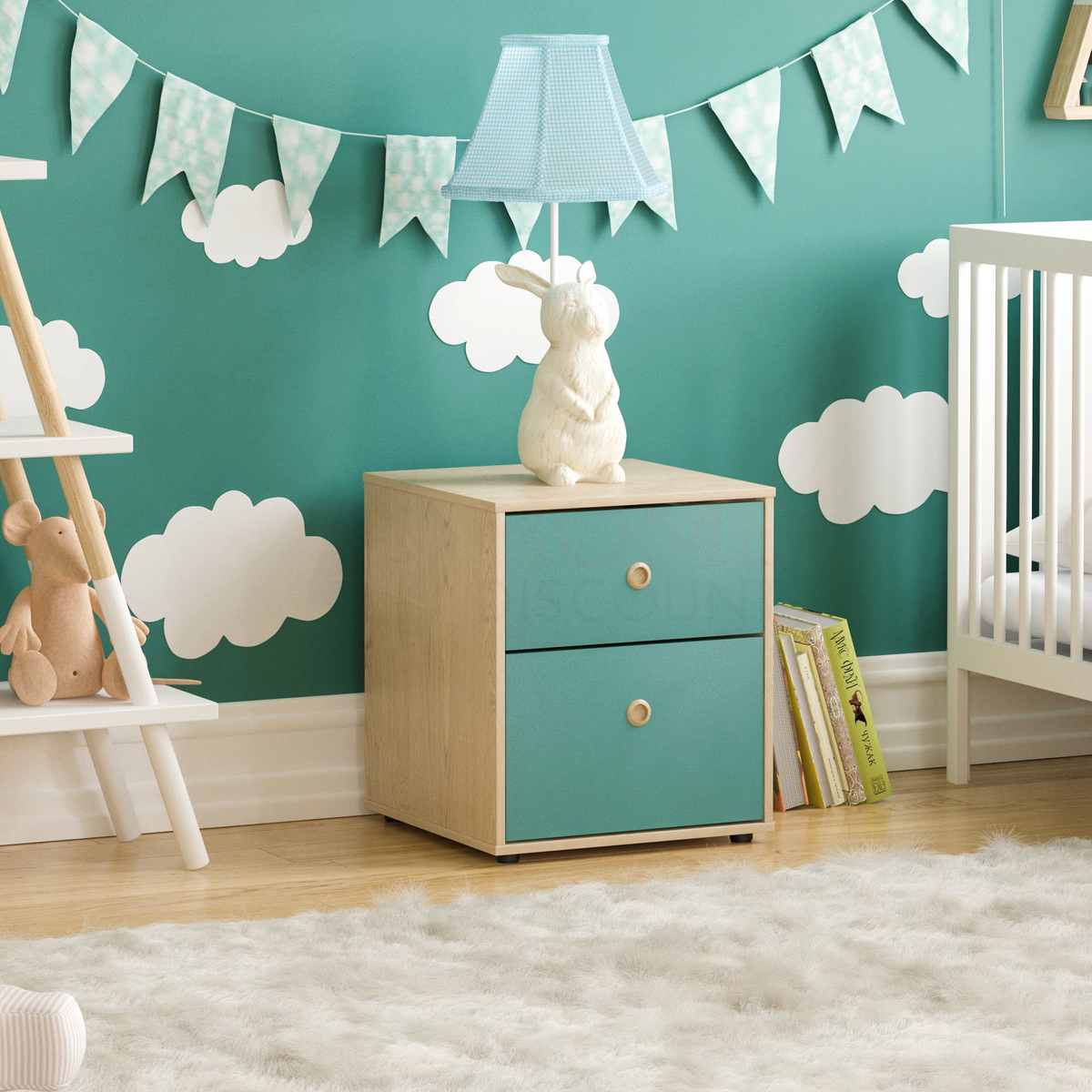 Neptune 2-Drawer Bedside Table - Green & Oak