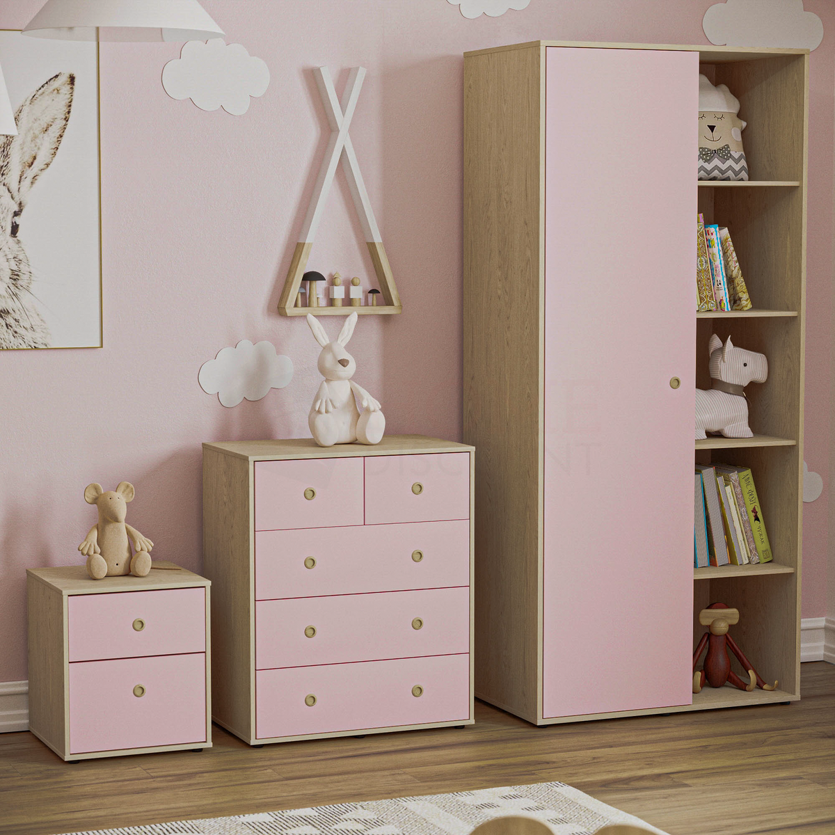 Neptune 3-Piece Bedroom Set - Pink & Oak (Bedside Table, Drawer Chest, Wardrobe)