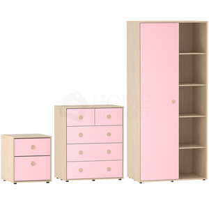 Neptune 3-Piece Bedroom Set - Pink & Oak (Bedside Table, Drawer Chest, Wardrobe)