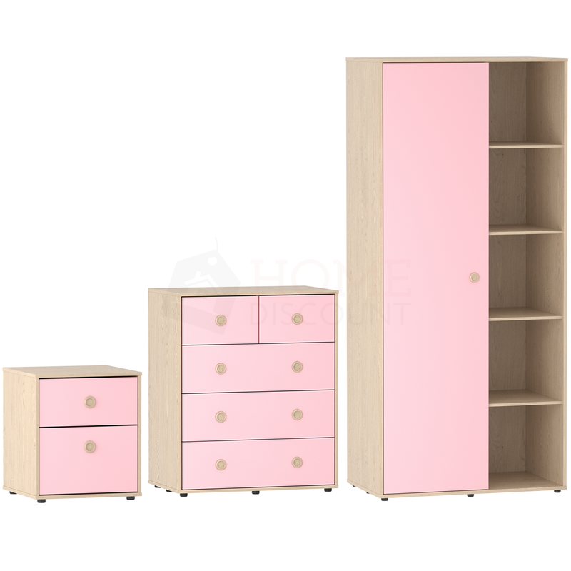 Neptune 3 Piece Bedroom Set, Pink & Oak (Bedside Table, Drawer Chest, Wardrobe)