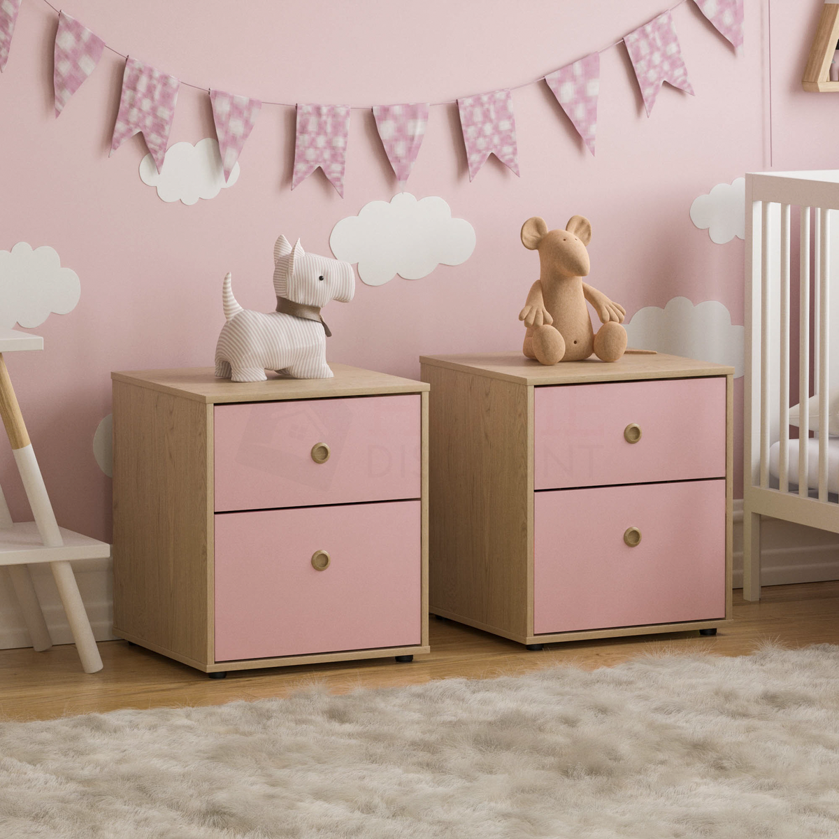Neptune 2-Drawer Bedside Table - Pink & Oak, Set of 2