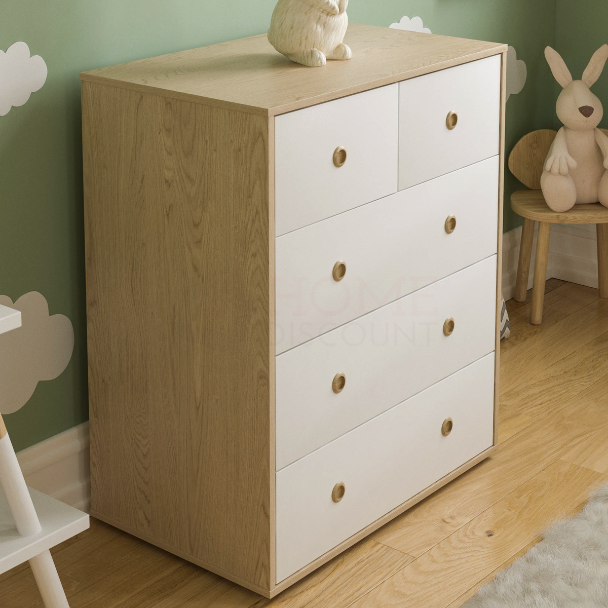 Neptune 5-Drawer Chest - White & Oak, Set of 2