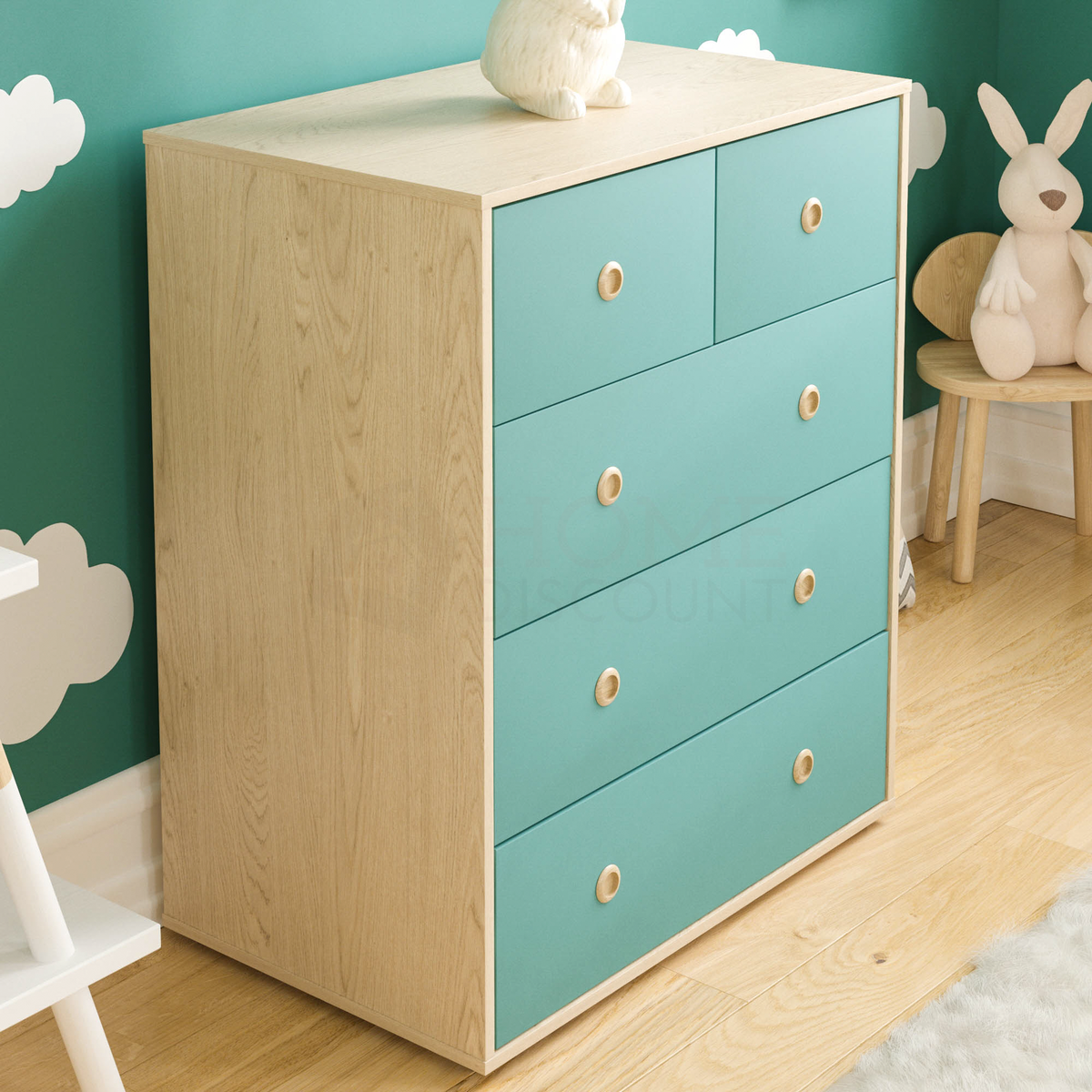 Neptune 5-Drawer Chest - Green & Oak
