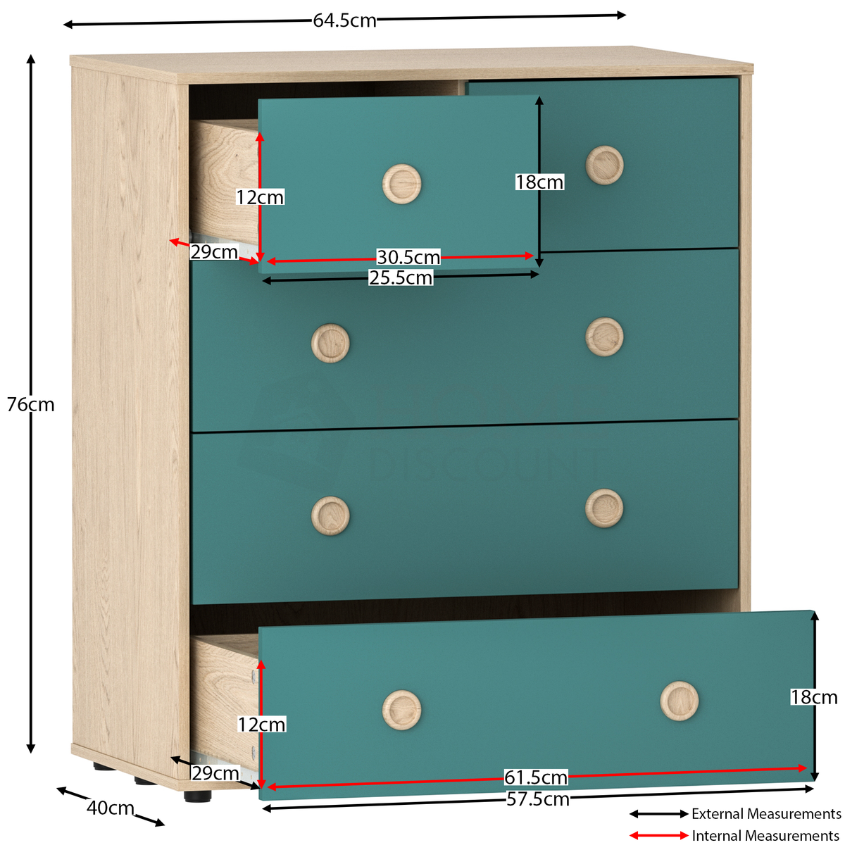 Neptune 3-Piece Bedroom Set - Green & Oak (Desk, Drawer Chest, Wardrobe)