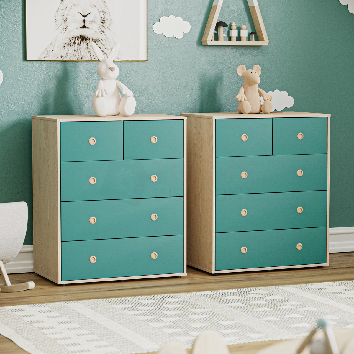 Neptune 5-Drawer Chest - Green & Oak, Set of 2