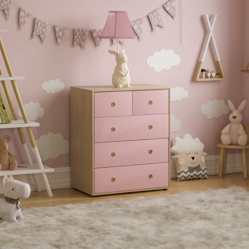 Neptune 4 Piece Bedroom Set, Pink & Oak (Desk, Bedside Table, Drawer Chest, Wardrobe)