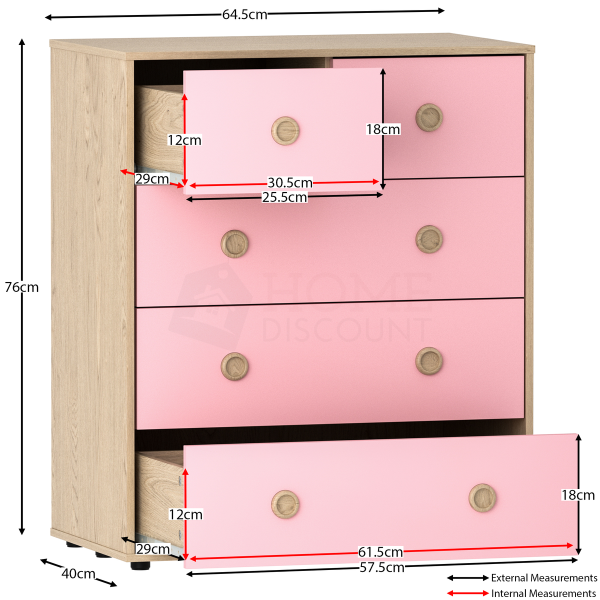 Neptune 3-Piece Bedroom Set - Pink & Oak (Desk, Drawer Chest, Wardrobe)