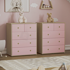 Neptune 5-Drawer Chest - Pink & Oak, Set of 2