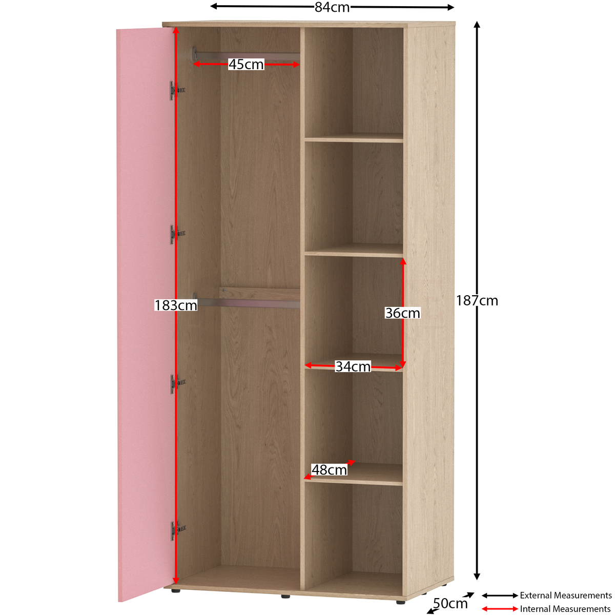 Neptune 3-Piece Bedroom Set - Pink & Oak (Desk, Drawer Chest, Wardrobe)