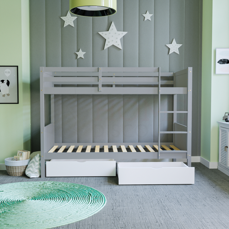 Gemini Detachable Bunk Bed, Grey & Libra Wooden Underbed Drawers, White