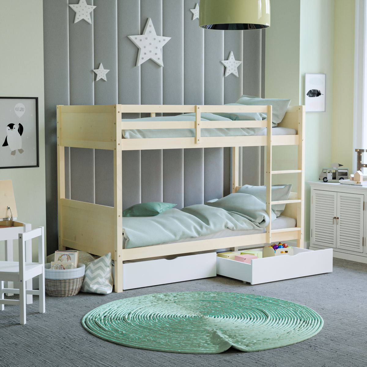 Gemini Detachable Bunk Bed - Pine & Libra Wooden Underbed Drawers - White