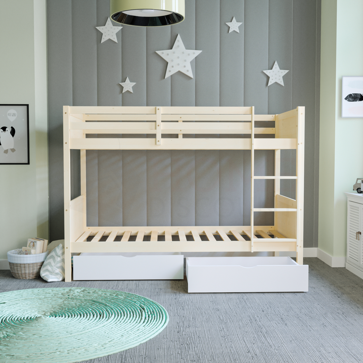 Gemini Detachable Bunk Bed - Pine & Libra Wooden Underbed Drawers - White