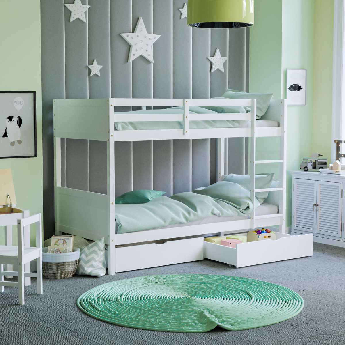 Gemini Detachable Bunk Bed & Libra Wooden Underbed Drawers - White