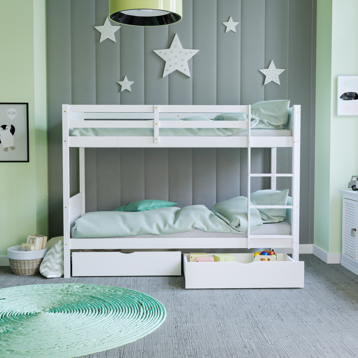 Gemini Detachable Bunk Bed & Libra Wooden Underbed Drawers - White