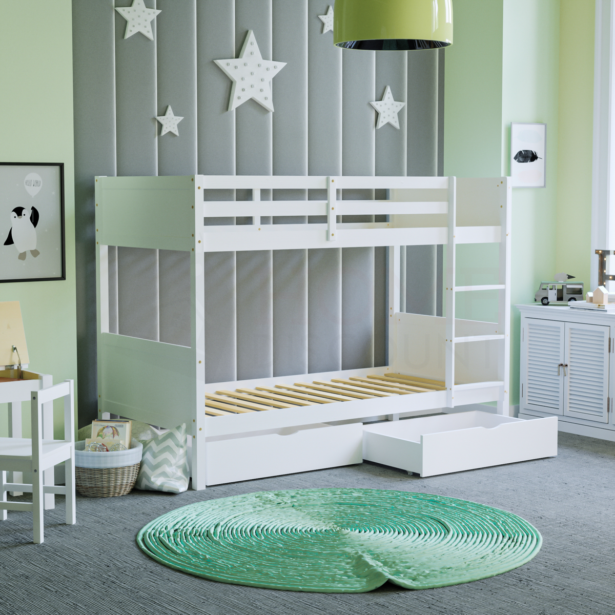 Gemini Detachable Bunk Bed & Libra Wooden Underbed Drawers - White