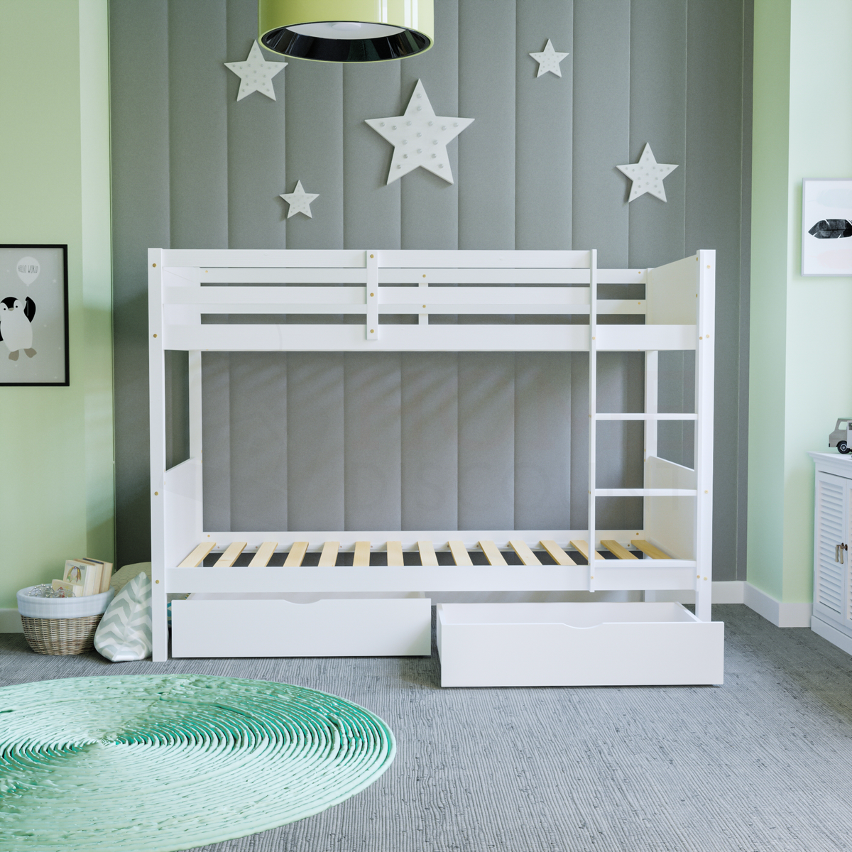 Gemini Detachable Bunk Bed & Libra Wooden Underbed Drawers - White