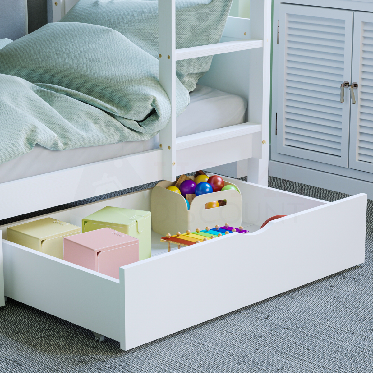 Gemini Detachable Bunk Bed & Libra Wooden Underbed Drawers - White