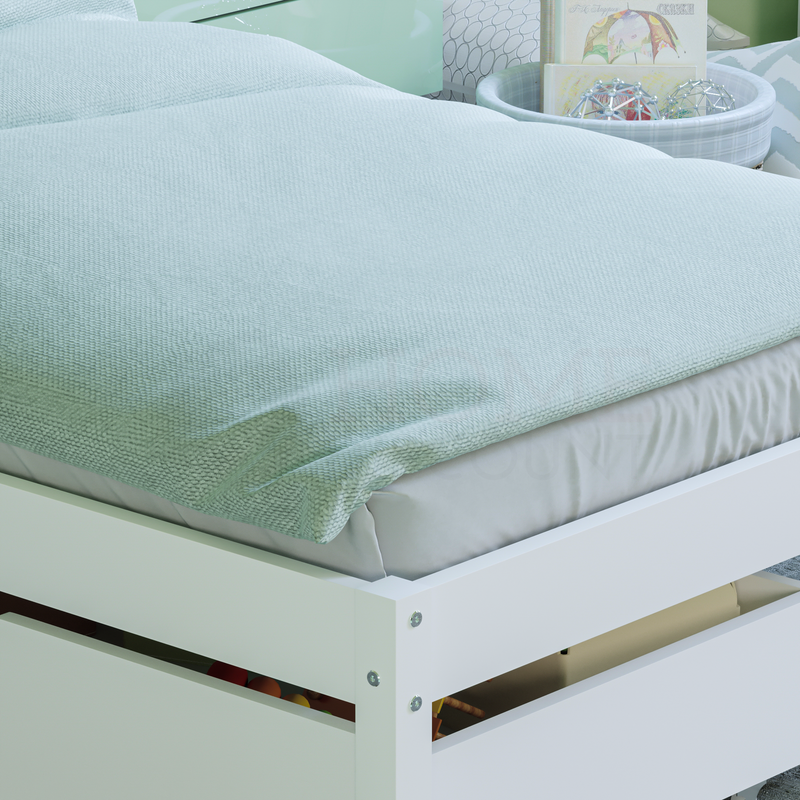 Libra Single Wood Bed, White & Underbed Drawers, White