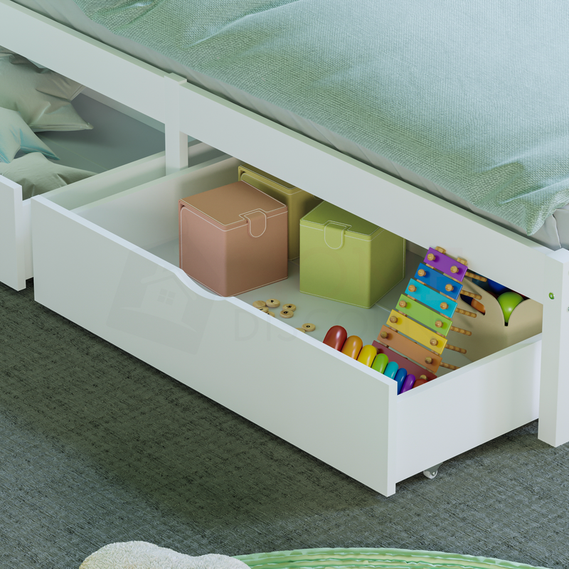 Libra Single Wood Bed, White & Underbed Drawers, White