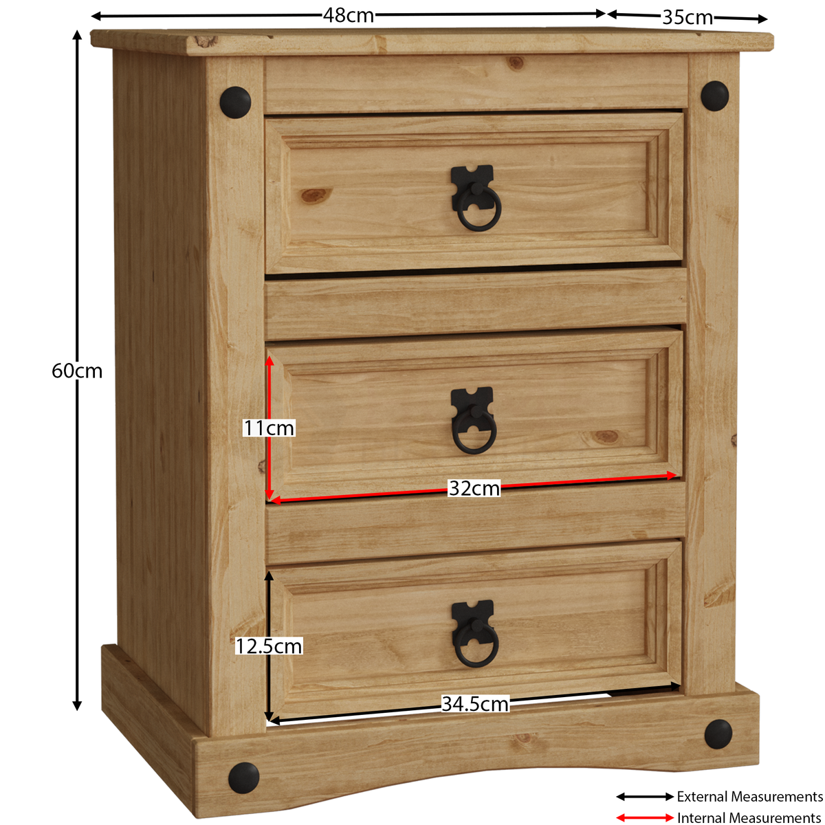 Corona 3-Drawer Bedside Chest