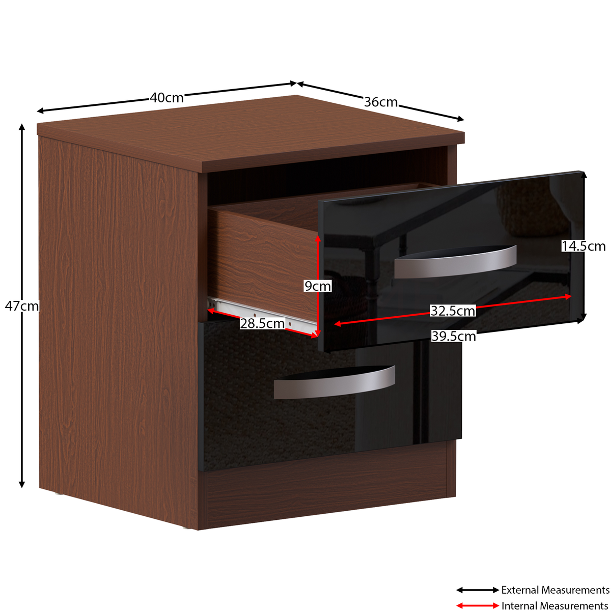 Hulio 2-Drawer Bedside Cabinet - Walnut & Black
