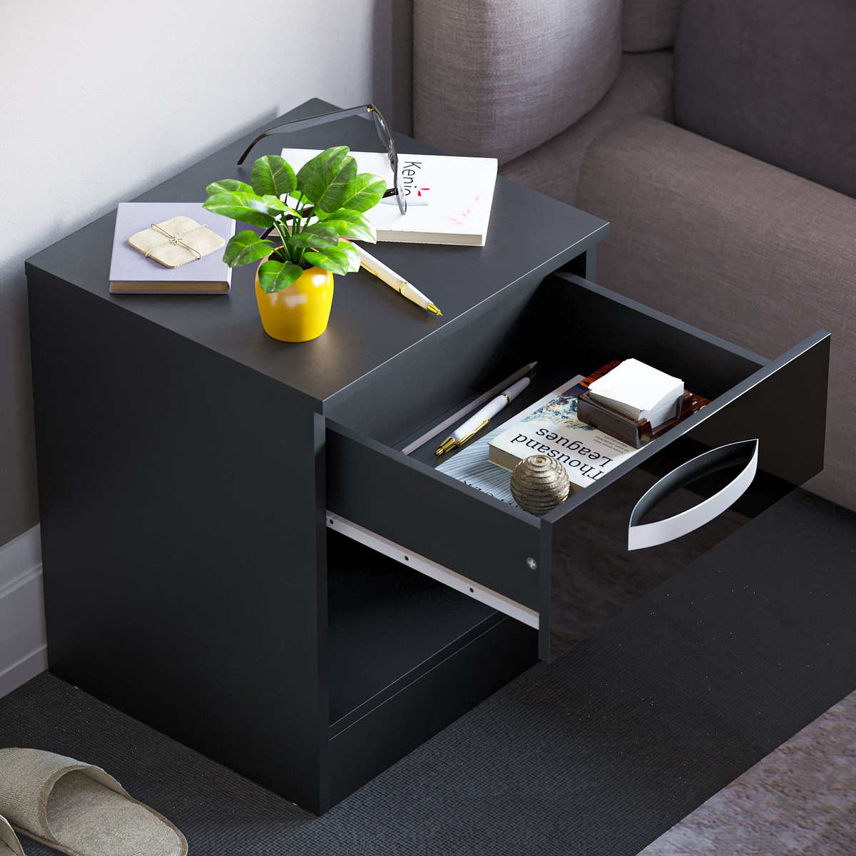 Hulio 1-Drawer Bedside Cabinet - Black