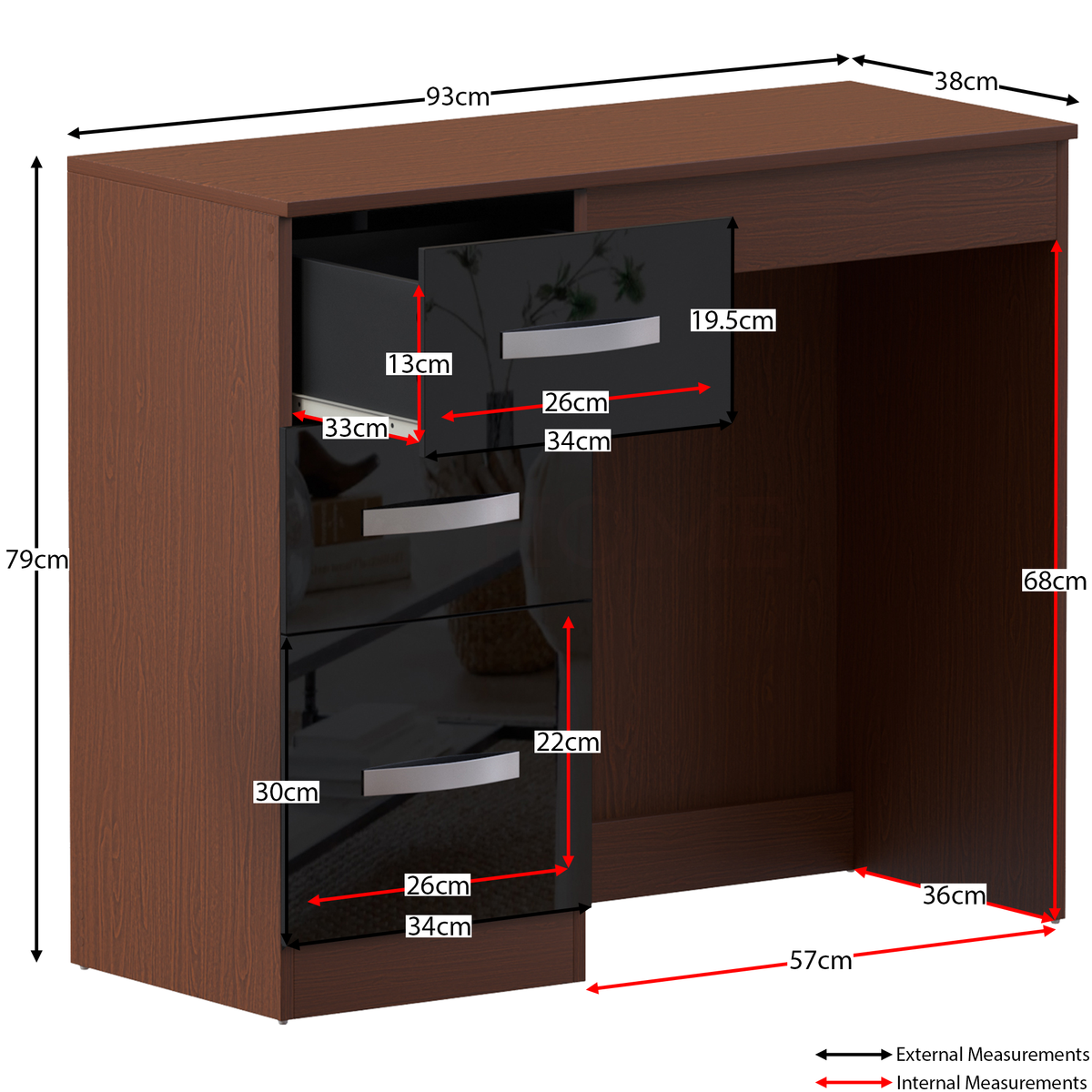 Hulio 3-Drawer Dressing Table - Walnut & Black
