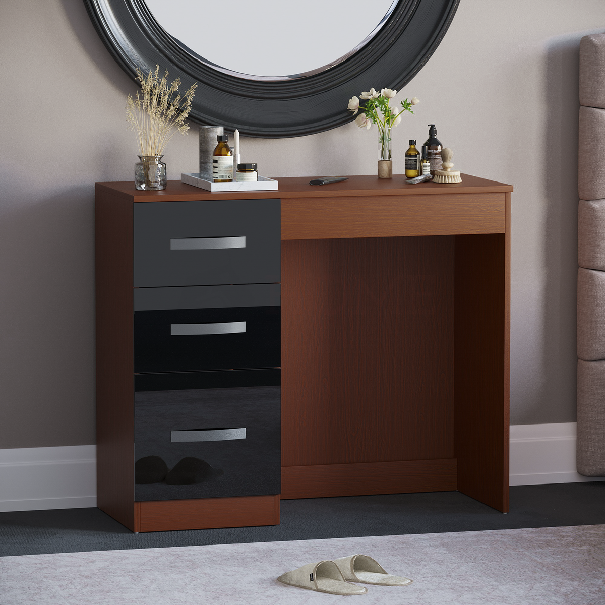 Hulio 3-Drawer Dressing Table - Walnut & Black
