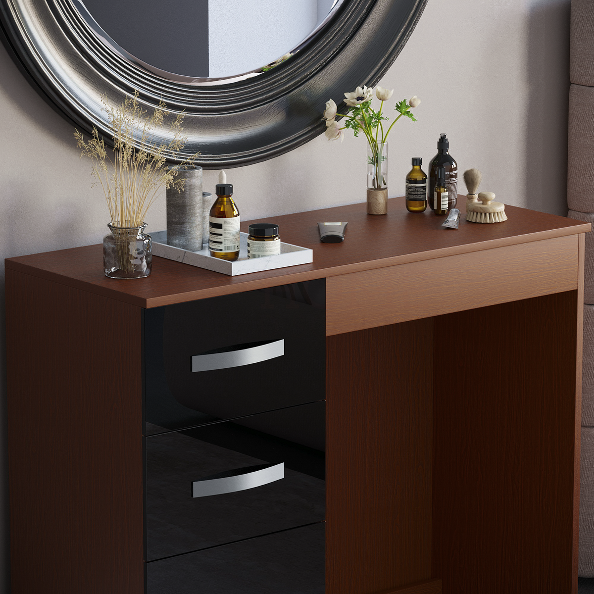 Hulio 3-Drawer Dressing Table - Walnut & Black