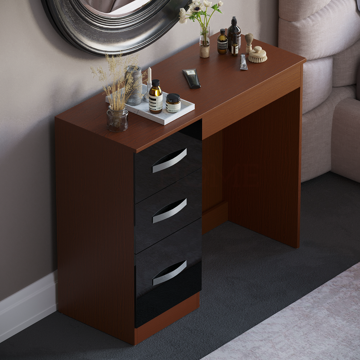 Hulio 3-Drawer Dressing Table - Walnut & Black