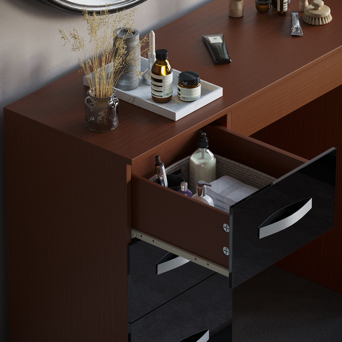 Hulio 3-Drawer Dressing Table - Walnut & Black