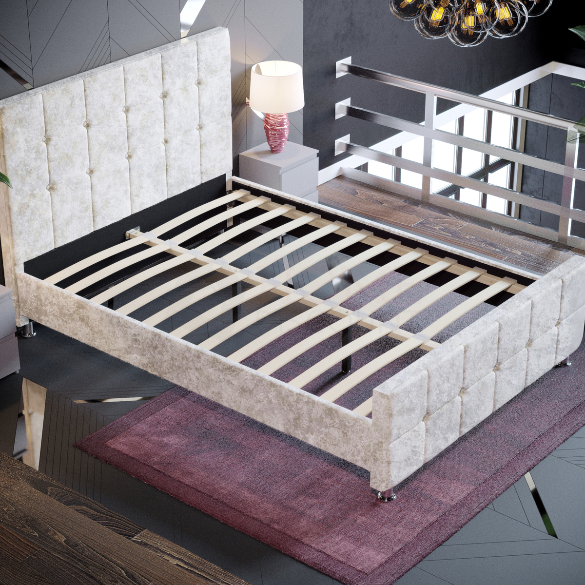 Valentina Double Crushed Velvet Bed - Champagne