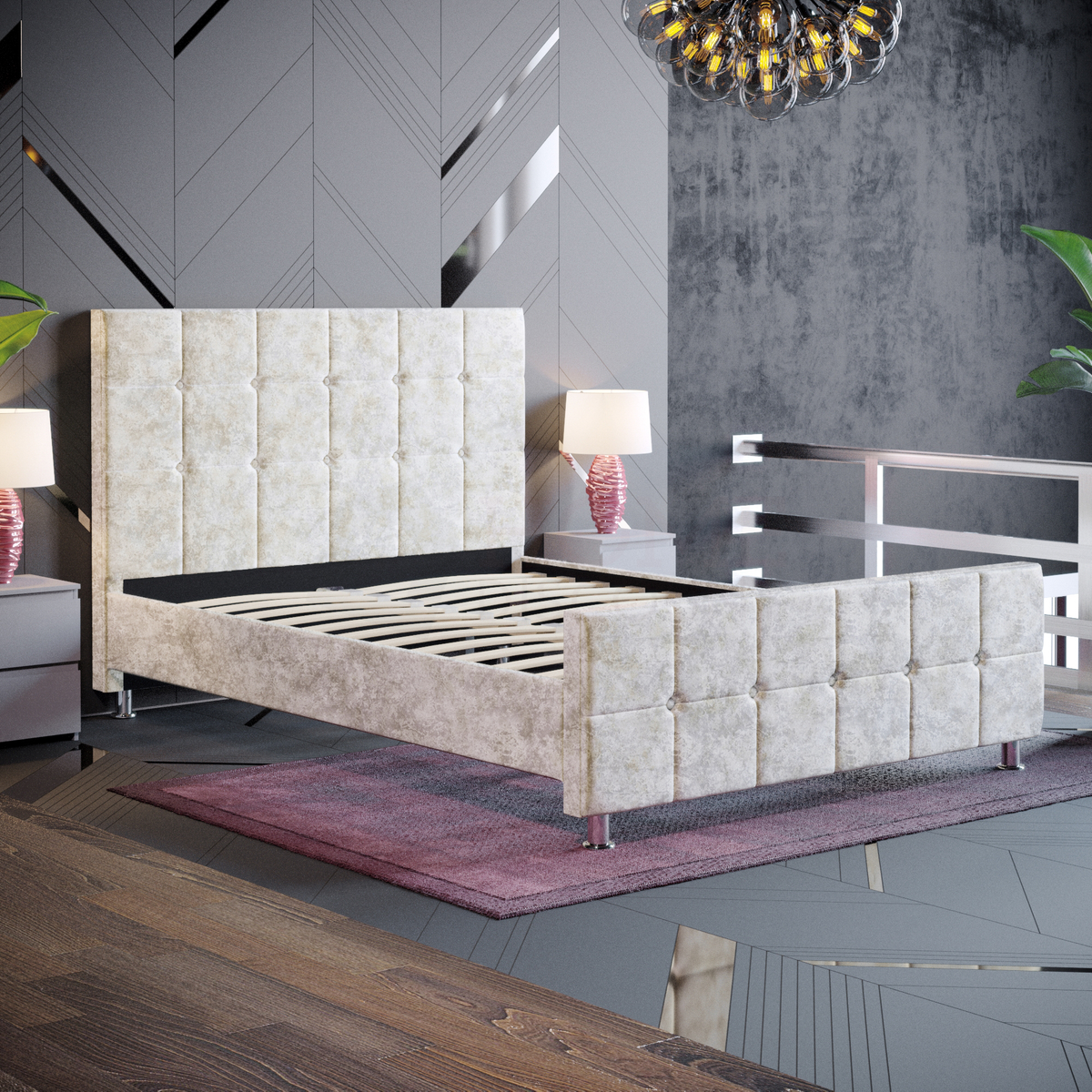 Valentina Double Crushed Velvet Bed - Champagne