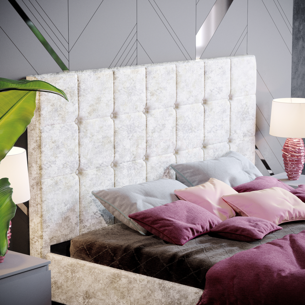 Valentina King Size Crushed Velvet Bed - Champagne