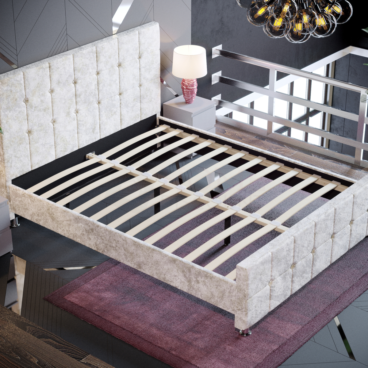 Valentina King Size Crushed Velvet Bed - Champagne