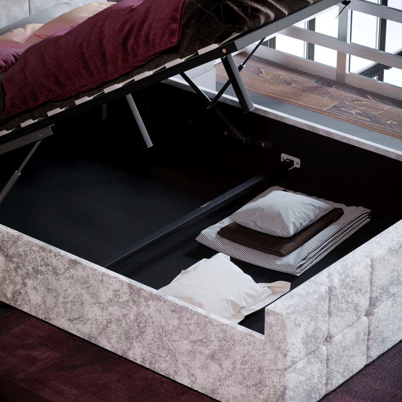 Valentina Double Ottoman Bed, Crushed Velvet Silver