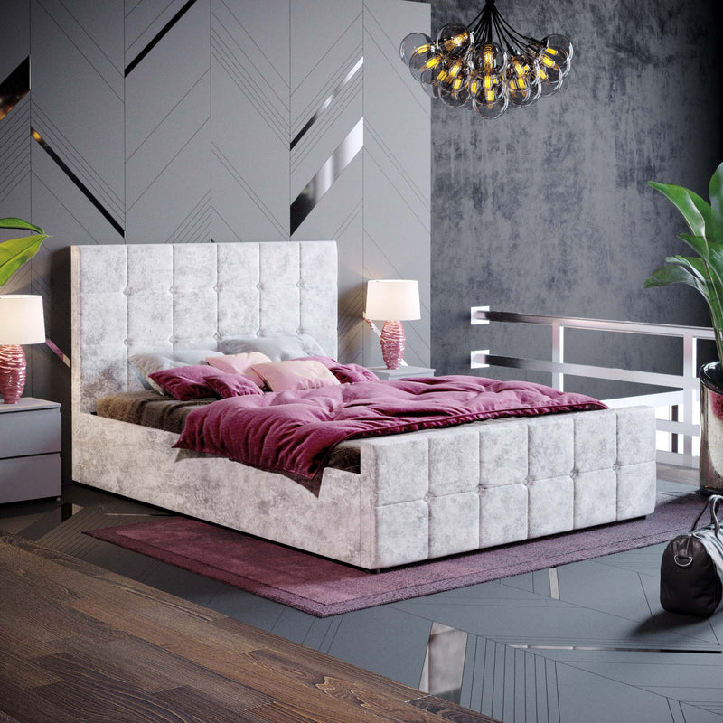 Vida Designs Valentina Double Ottoman Bed, Crushed Velvet Silver