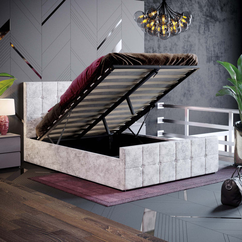 Vida Designs Valentina Double Ottoman Bed, Crushed Velvet Silver