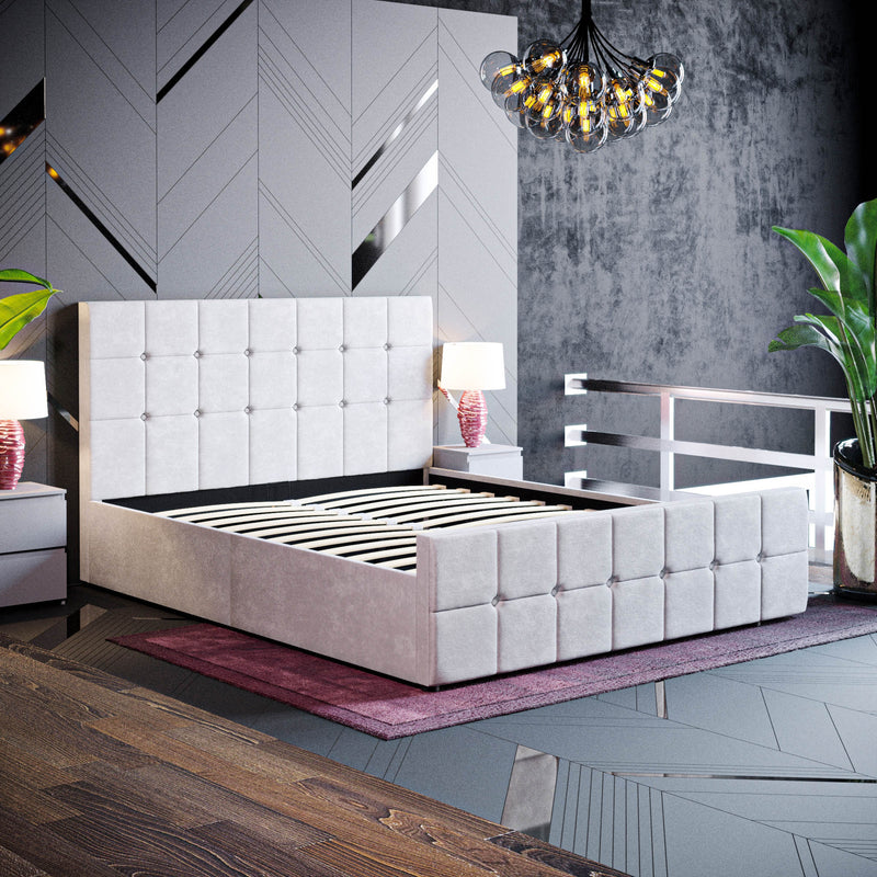 Vida Designs Valentina King Size Ottoman Bed, Light Grey Velvet
