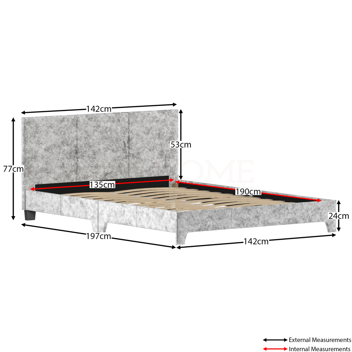 Victoria Double Velvet Bed, Silver UKFR